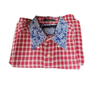 Vintage Tommy Hilfiger Plaid Shirt Mens L Red Floral Collar Y2K Cotton